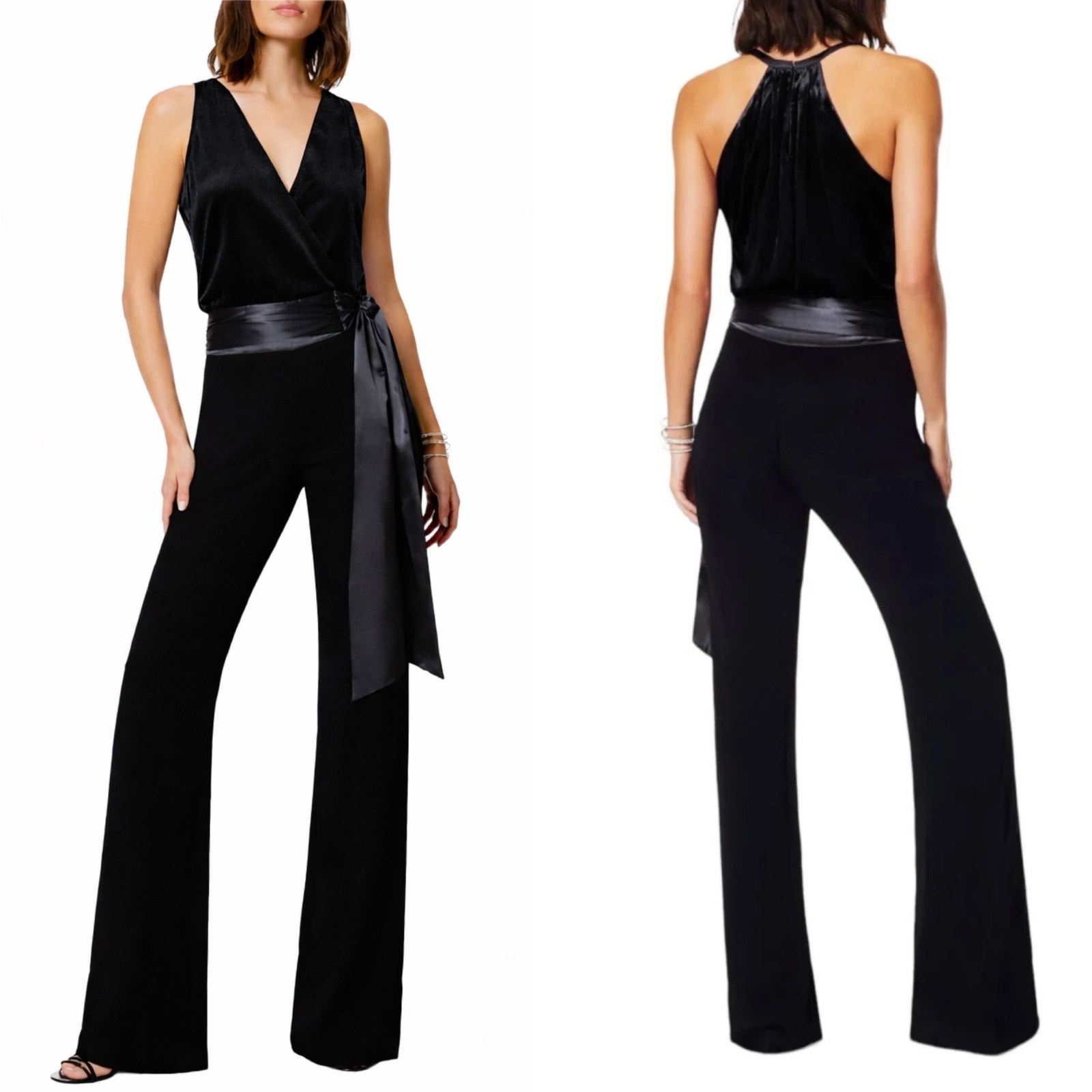 Ramy Brook Kenzy Velvet Silk Bodysuit Black Formal Jumpsuit 8 Wide Leg Chic